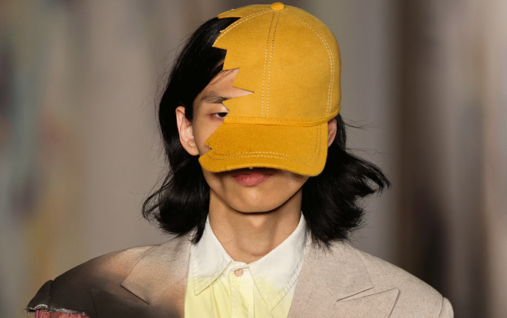 Një model prezanton një krijim të dizajnerit Colm Dillane si pjesë e koleksionit të tij të Veshjeve për Meshkuj Pranverë/Verë 2026 për markën KidSuper gjatë Javës së Modës për Meshkuj në Paris, Francë, më 28 qershor.