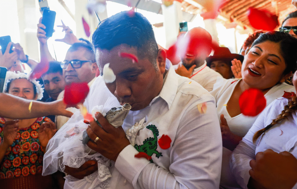 Kryetari i San Pedro Huamelula, Daniel Gutierrez Pena, puth një kajman femër të quajtur “princess girl” gjatë një ceremonie simbolike martesore në San Pedro Huamelula, Meksikë, më 30 qershor. Kajmani, që ngjan shumë me një aligator, mban veshur fustanin e nusërisë dhe ceremonia ka mbi 230 vjet traditë, duke bashkuar dy kultura indigjene të shtetit Oaxaca, Chontal dhe Huave, për të kërkuar begatinë e natyrës.